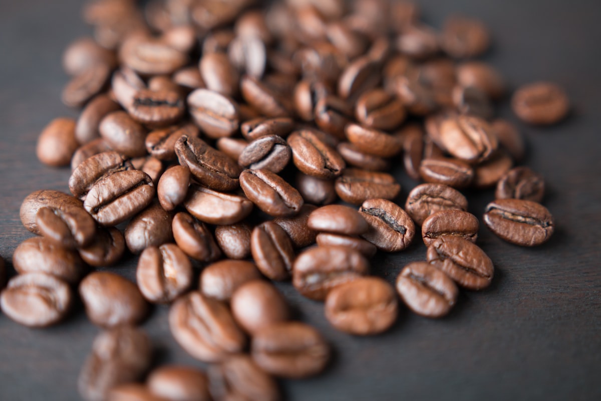 A warm, close macro of freshly roasted coffee beans.