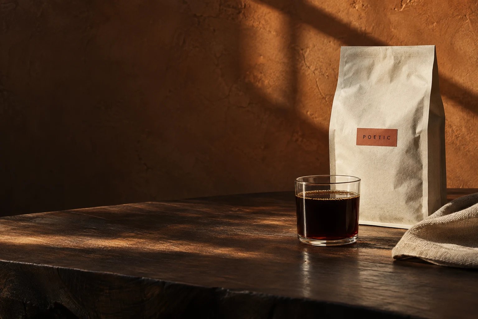 Coffee and a paper pouch on a sunlit wooden table. Concept still life.