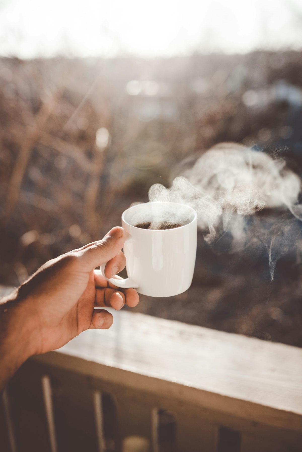 A freshly poured cup steaming in the morning light.